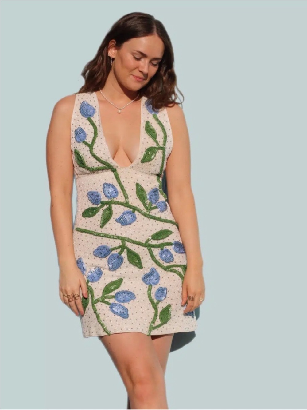 Ganni Orsay Hand Beaded Embellished Floral Dress
